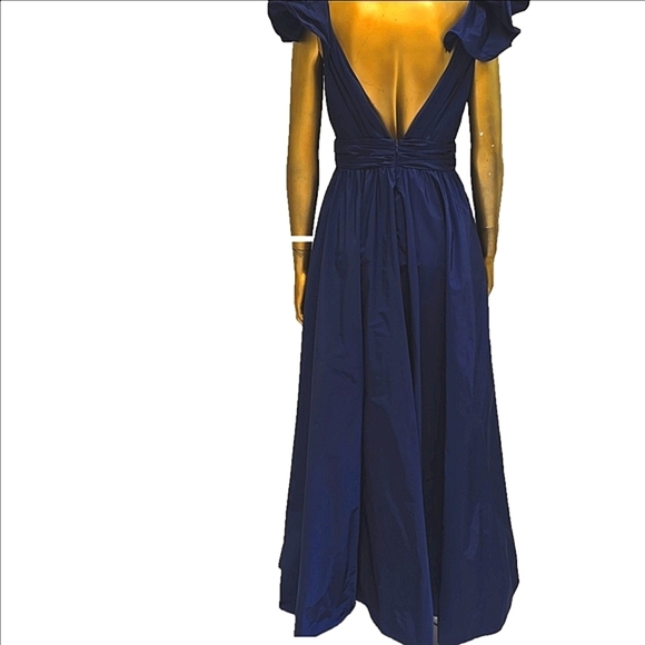 Formal Navy V-Neck Taffeta Evening Gown Ruffle Cap Sleeves Slit - Picture 9 of 12